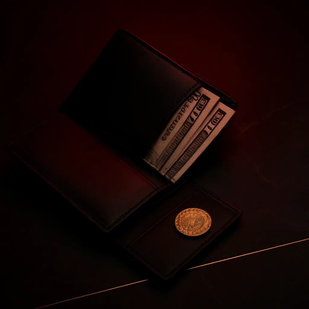 Black leather wallet with banknotes and a gold coin on marble — financial limits in findom