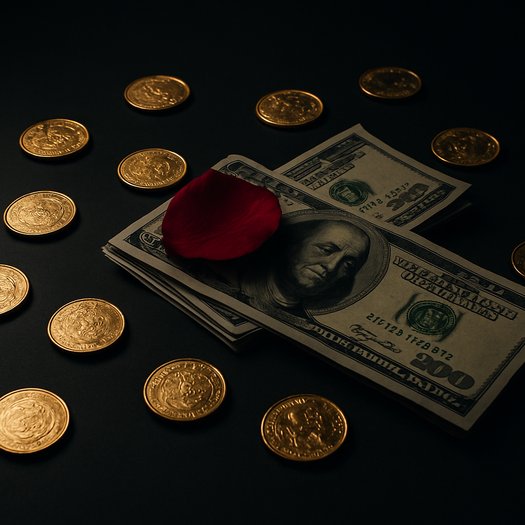 Gold coins and banknotes with a crimson rose petal