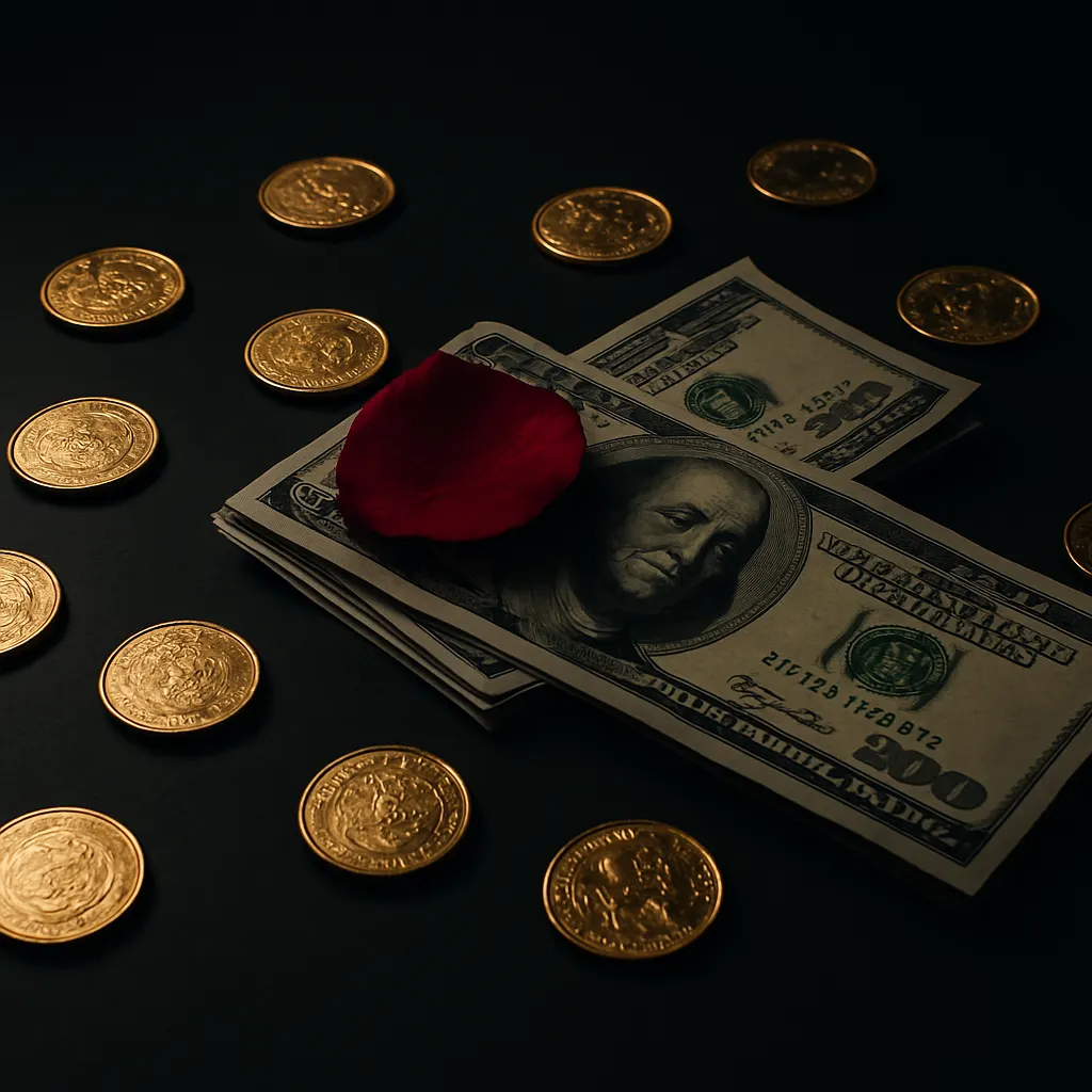 Gold coins and banknotes with a crimson rose petal