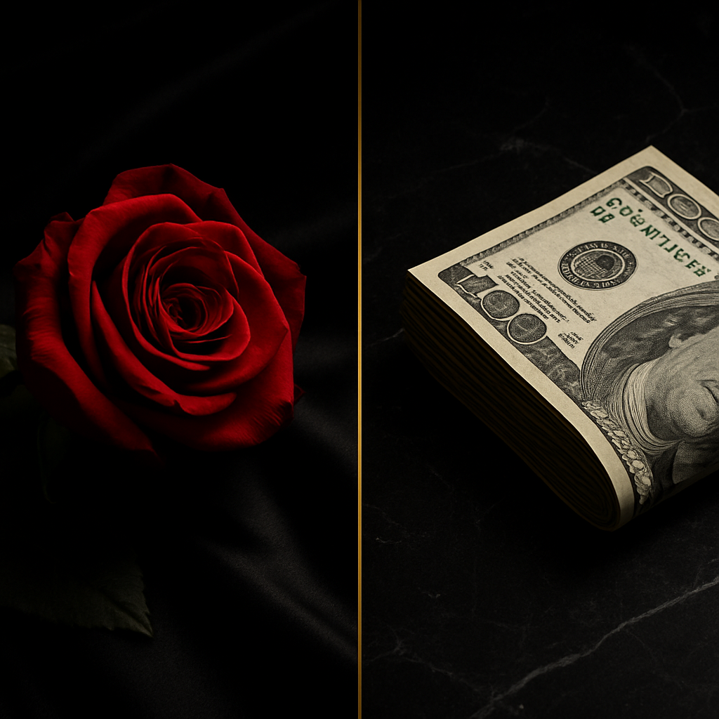 Split image of a rose and banknotes representing findom vs sugar dating