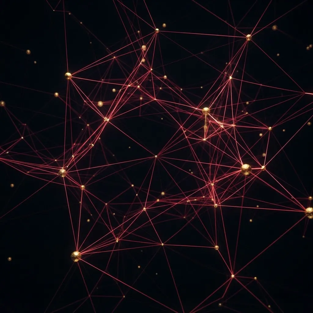 Abstract network of glowing crimson lines connecting gold nodes in black space