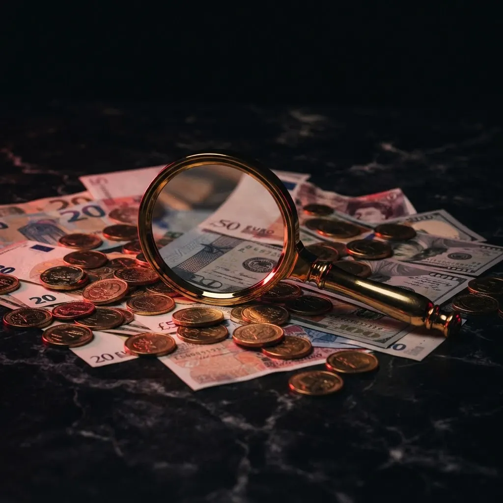 A gold magnifying glass resting on scattered coins and banknotes on black marble