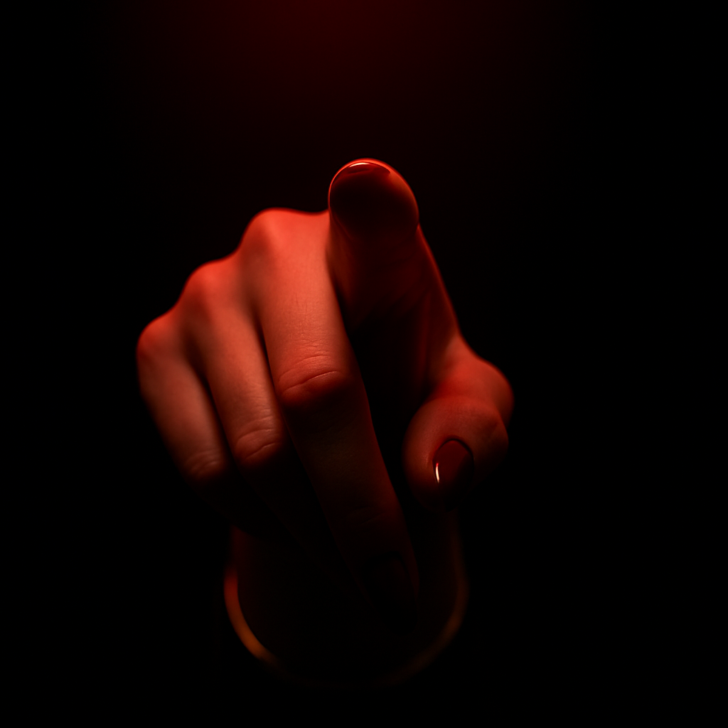 Dominant hand with red nails pointing forward