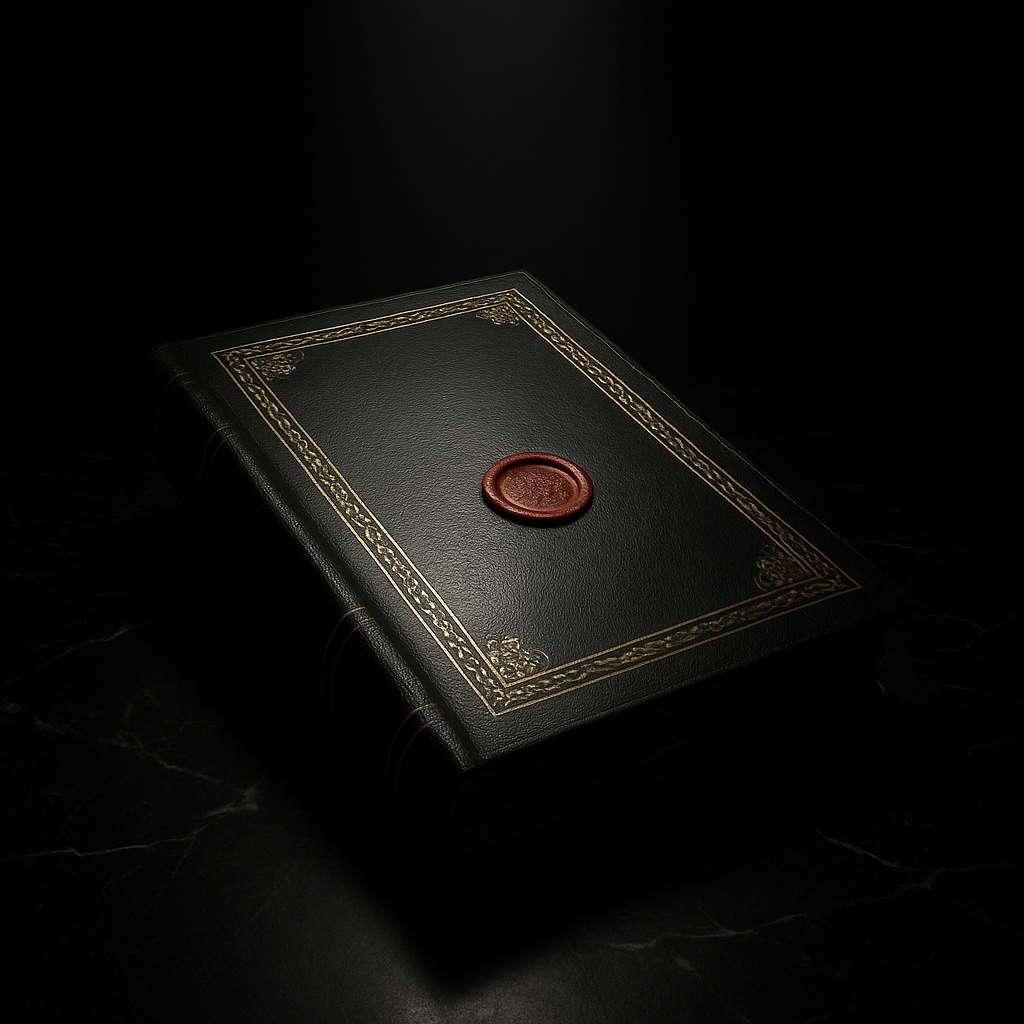 Black leather book with gold embossing and red wax seal