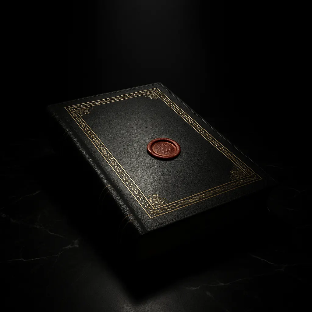 Black leather book with gold embossing and red wax seal