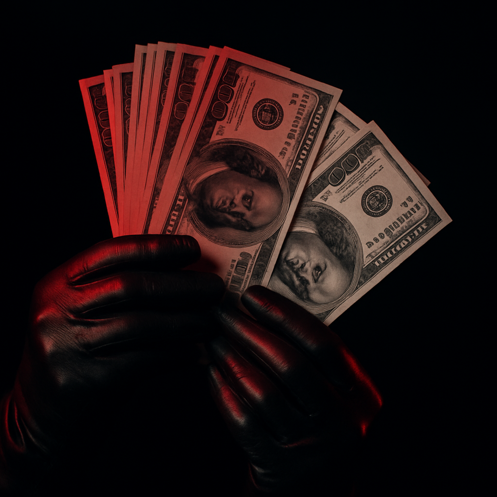 Gloved hands holding banknotes — financial domination symbolism