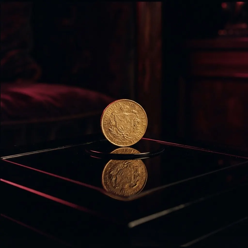 A gold coin balanced upright with its reflection in a dark mirror surface