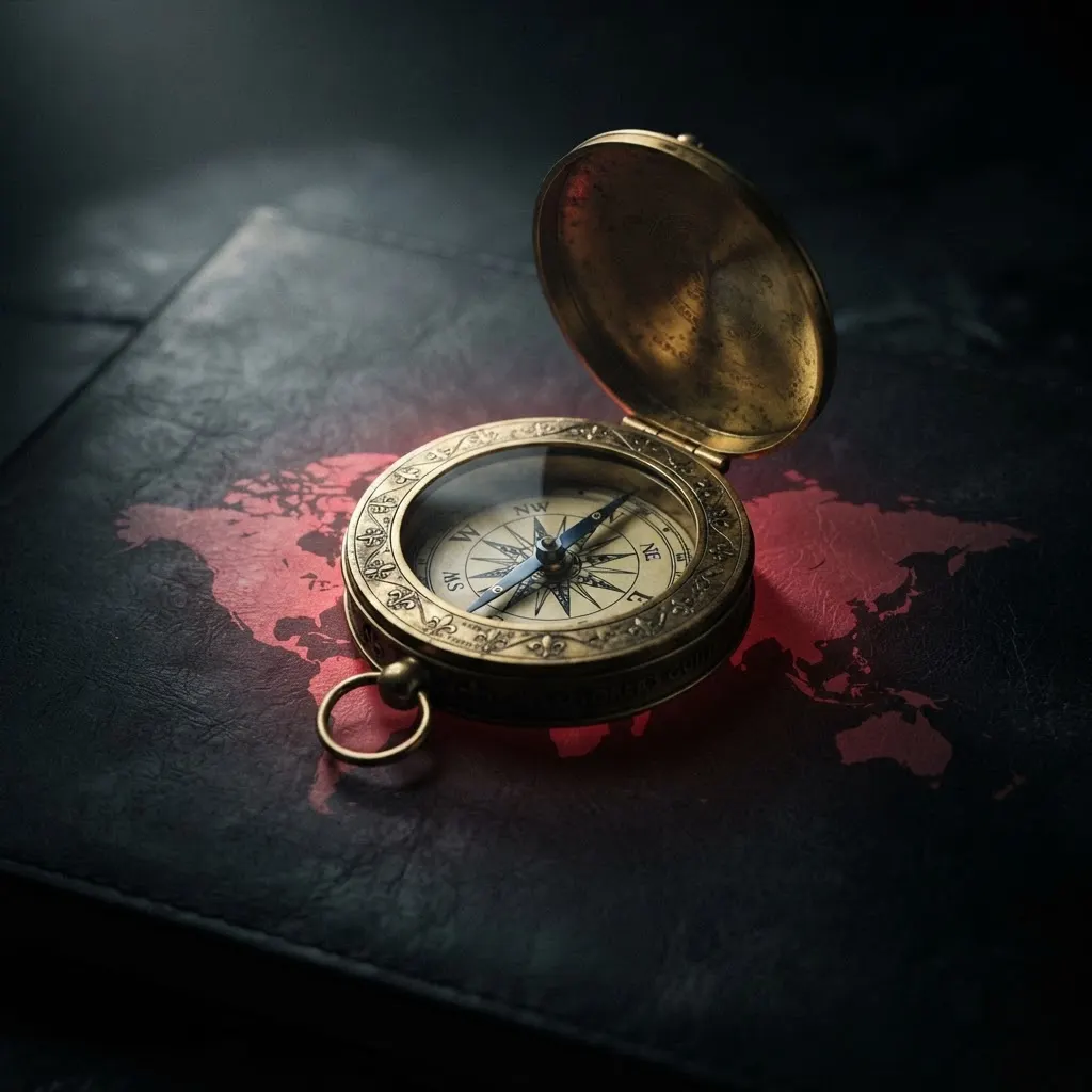 An antique gold compass resting on a glowing crimson world map silhouette