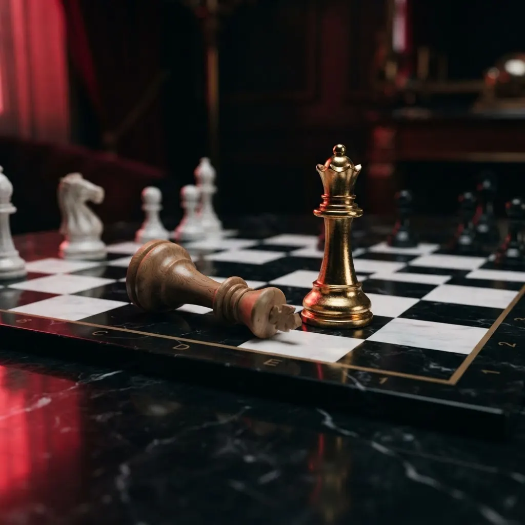A toppled chess king beside a standing gold queen piece, symbolizing the power exchange in financial domination