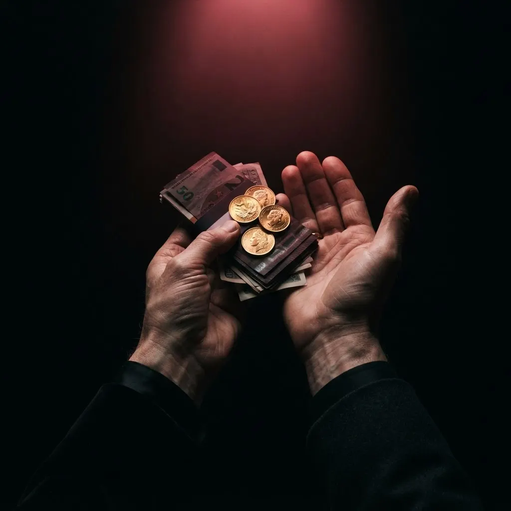 Hands offering banknotes and gold coins as a financial tribute, representing pay pig submission